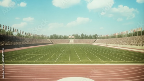 Retro 1920s Athletic Event: Vintage Sportsmanship and Dynamic Competition with Spectators Cheering and Colorful Banners photo