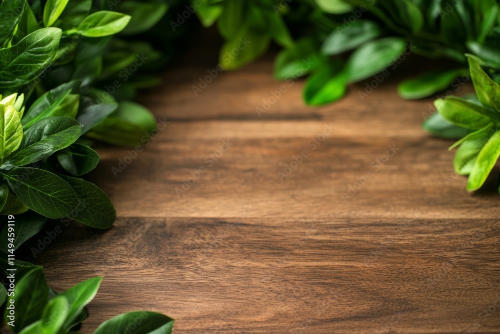 A close-up of vibrant green leaves framing a rustic wooden surface, creating a natural and tranquil aesthetic. A close-up of vibrant green leaves framing a rustic wooden surface, creating a natural and tranquil aesthetic.