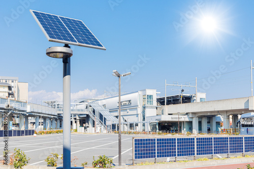 Photography Modern city with saving energy LED Solar power street light, Solar wall system i