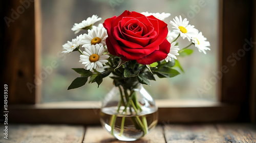 Red Rose and Daisies Still Life Photo