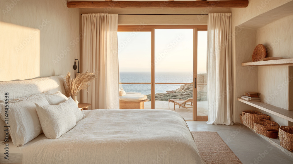 Fototapeta premium A serene bedroom with coastal view, featuring soft textures and natural light. calming atmosphere invites relaxation and tranquility, perfect for unwinding