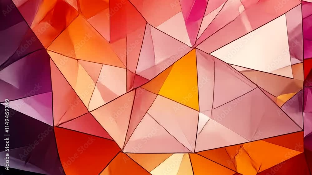 This artwork features a vibrant geometric pattern composed of various shades of orange, pink, and purple. The angular shapes create a lively and energetic visual effect that captivates the viewer This artwork features a vibrant geometric pattern composed of various shades of orange, pink, and purple. The angular shapes create a lively and energetic visual effect that captivates the viewer