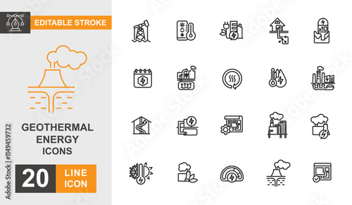 Geothermal energy line editable icon set. Power, factory, renewable, eco, electricity and more line icons.
