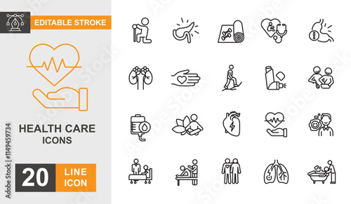Health care line editable icon set. Medicine, patient, nurse, treatment, diagnosis and more line icons.