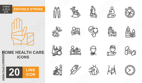 Home health care line editable icon set. Medical, wellness, support, assistance, gym, therapy and more line icons.