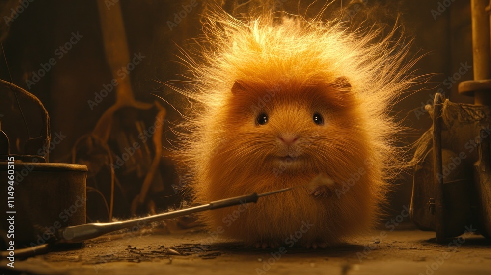 Obraz premium A fluffy, orange hamster with wild fur sits in a cozy, cluttered environment.