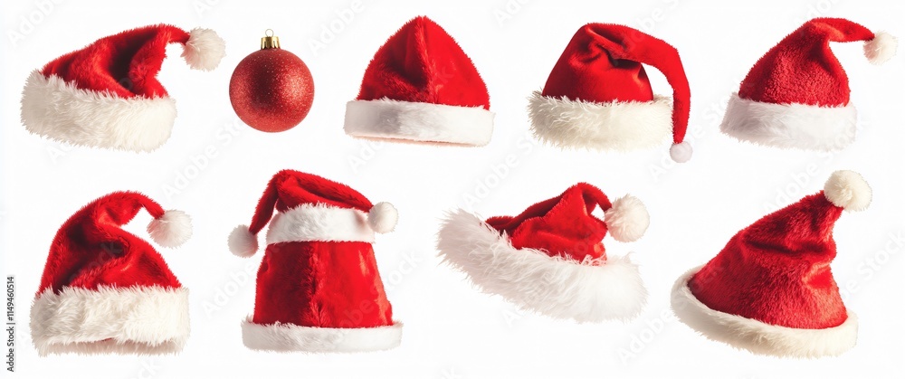 Fototapeta premium Multiple Santa Hats and Christmas Ornament Floating on White Background