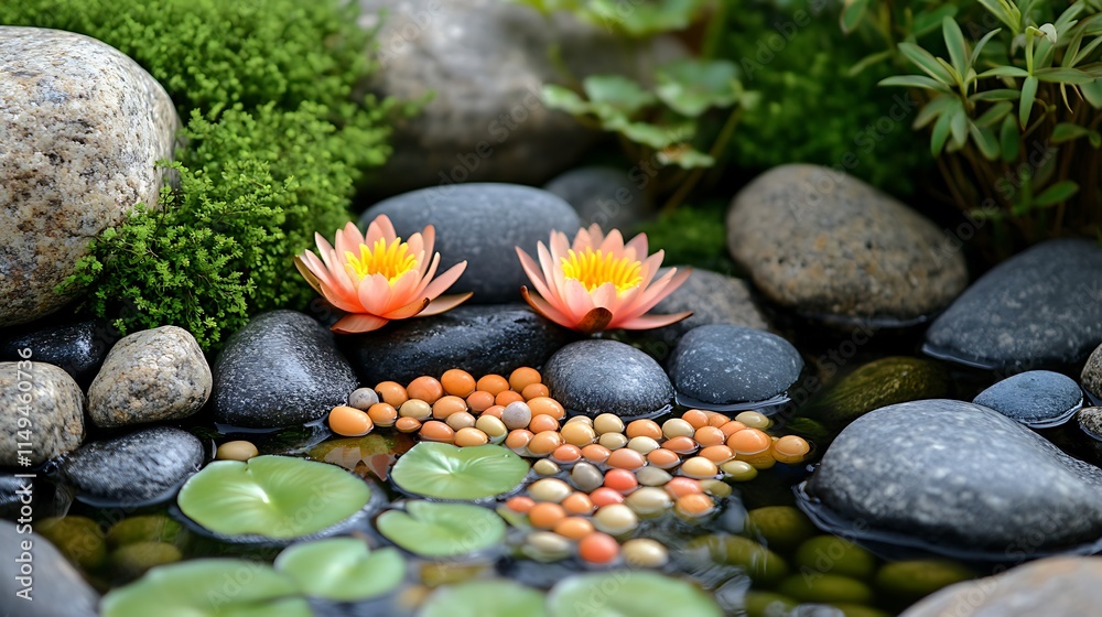 Fototapeta premium Natural arrangement of bright pebbles surrounded by water lilies in a serene pond, reflecting the vibrant greens of nearby plants.
