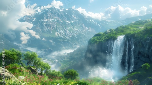 Mountain valley with a cascading waterfall