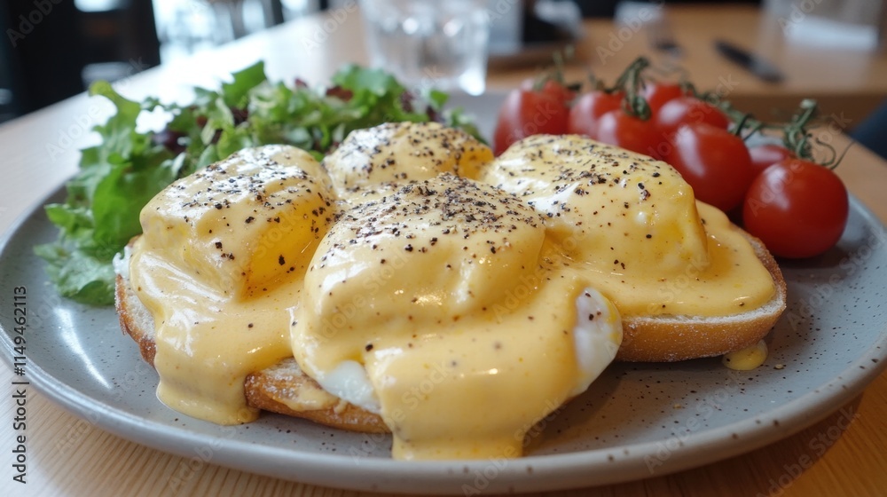 Delicious Eggs Benedict with Hollandaise Sauce, Salad, and Tomatoes Delicious Eggs Benedict with Hollandaise Sauce, Salad, and Tomatoes