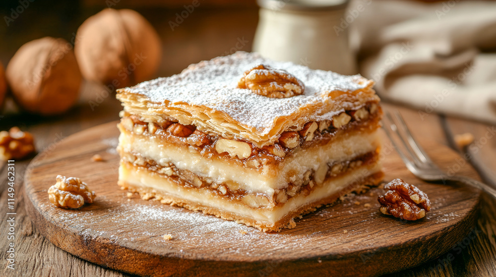 Delicious layered walnut pastry with powdered sugar on wooden board Delicious layered walnut pastry with powdered sugar on wooden board