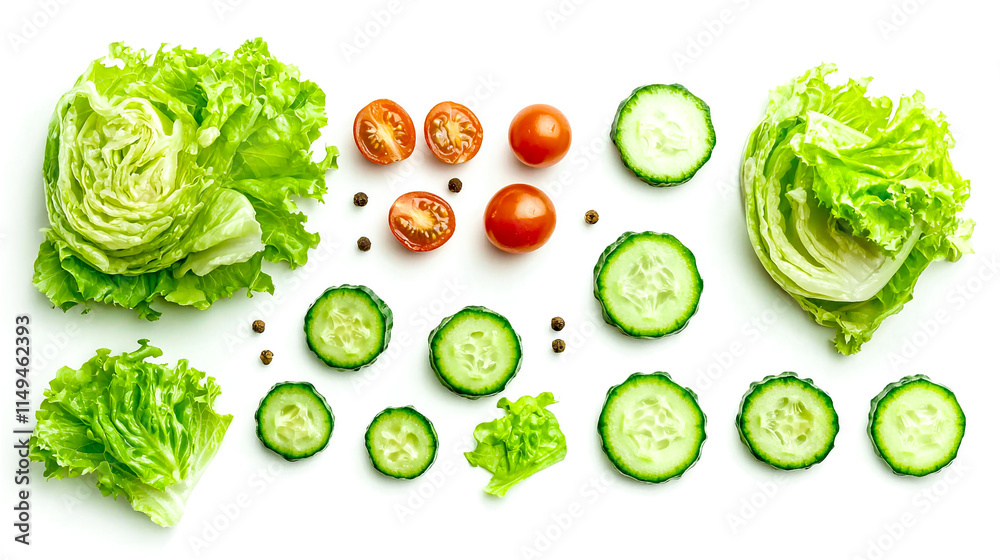 Set of flat-lay green lettuce, cucumber, and tomato isolated on a white background. Generative AI. Set of flat-lay green lettuce, cucumber, and tomato isolated on a white background. Generative AI.