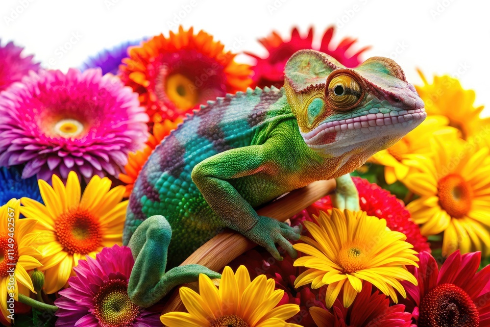 Obraz premium Chameleon on Flowers: Stunning Product Photography of Colorful Reptiles & Blooming Flora
