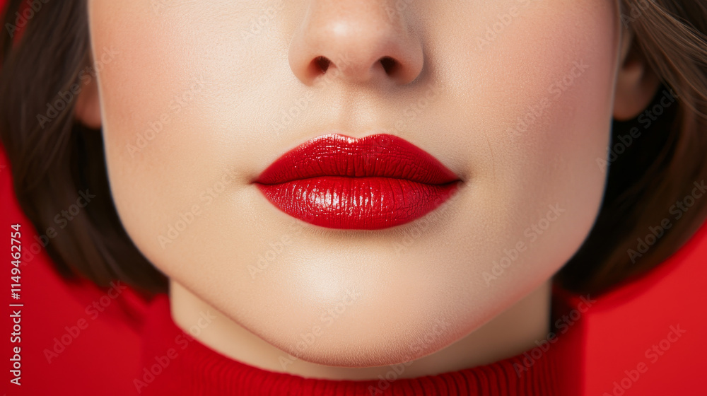 Fototapeta premium A close up of womans lips showcasing vibrant red lipstick against bold red background, exuding confidence and allure. smooth texture and shine of lips highlight beauty of makeup artistry