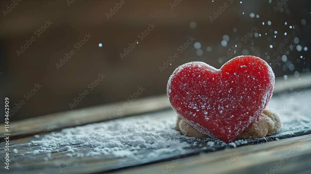 Fototapeta premium Heart-Shaped Candy on Wooden Background, Sugary Treat, Romantic Dessert Illustration