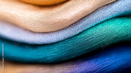 Soft, textured fabric layers in various colors create visually appealing display. smoothness and sheen of materials evoke sense of luxury and comfort