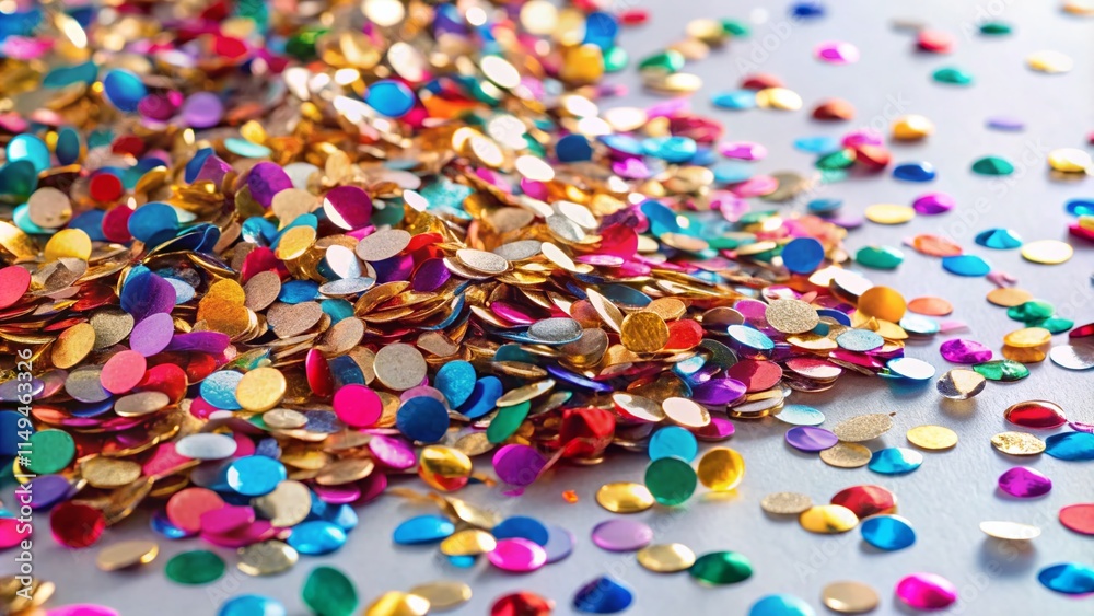Panoramic Metallic Confetti Studio Photo - White Background, Sparkling Celebration Panoramic Metallic Confetti Studio Photo - White Background, Sparkling Celebration