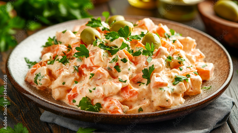 Creamy potato salad with carrots and green olives garnished with fresh parsley Creamy potato salad with carrots and green olives garnished with fresh parsley