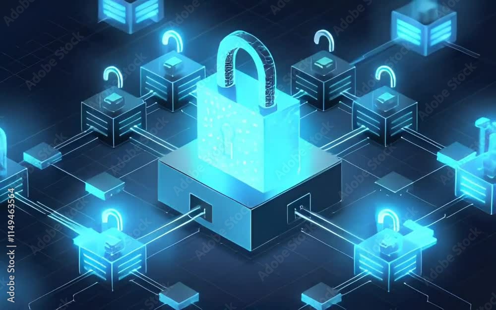Blockchain Information Data Transaction Process Illustration. Cryptocurrency Block Chain Abstract Structure Network Grid 3d Animation. Crypto Currency Global Cybersecurity Business Concept. 4k UHD