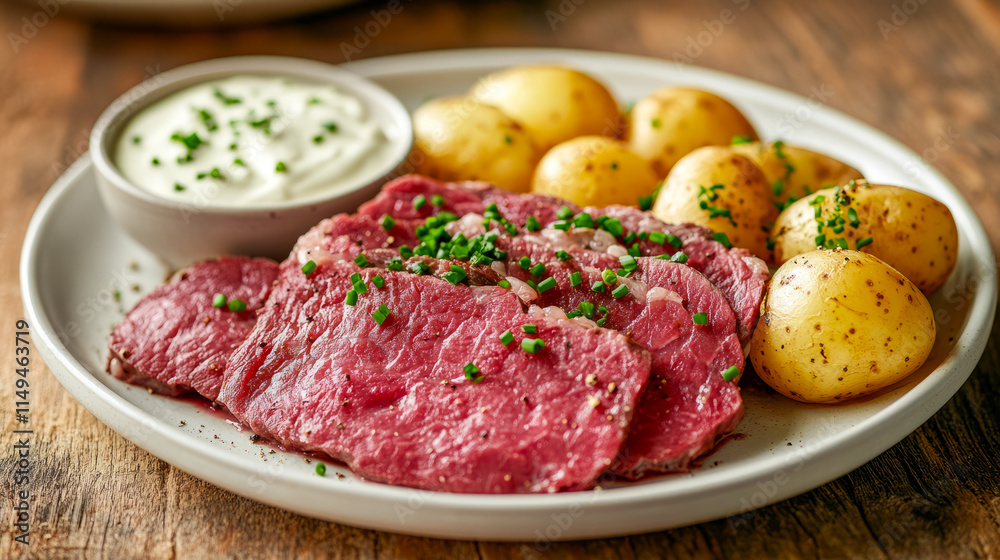 Juicy slices of roast beef with new potatoes and creamy sauce garnished with chives Juicy slices of roast beef with new potatoes and creamy sauce garnished with chives