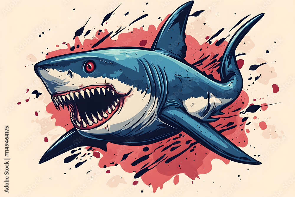 Fototapeta premium Fierce shark illustration with sharp teeth and splattered artistic background, showcasing a dynamic, bold, and edgy marine design perfect for creative projects and merchandise