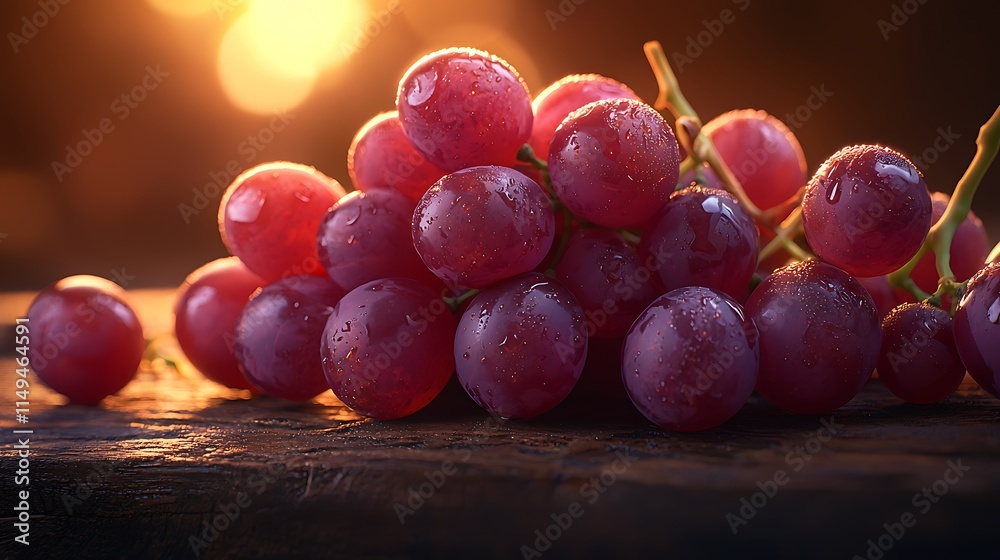 Close-up of fresh red grapes with water droplets on a rustic wooden surface, illuminated by warm sunlight. Close-up of fresh red grapes with water droplets on a rustic wooden surface, illuminated by warm sunlight.