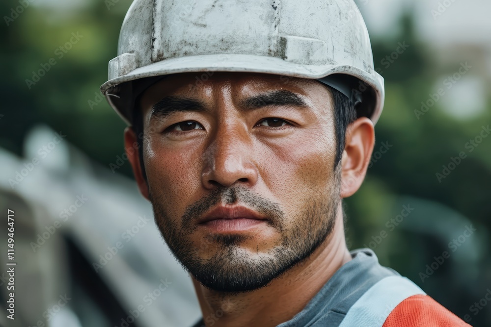 労働者が建設現場で真剣な表情で立っている様子 労働者が建設現場で真剣な表情で立っている様子