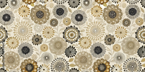 Elegant floral pattern featuring a mix of gold, black, and cream colors, perfect for a sophisticated design project.