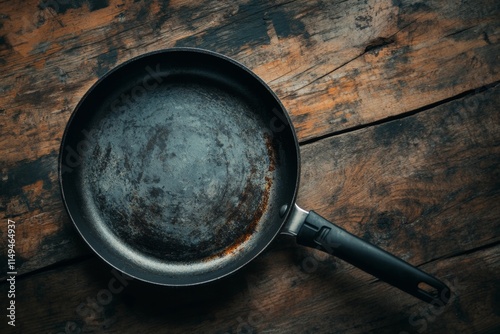 A worn skillet rests on a rustic wooden table. Its dark surface speaks of countless meals prepared. Perfect for culinary themes in food photography. Generative AI photo