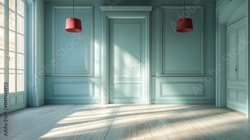 Sunlit Empty Room with Teal Walls and White Wood Floor