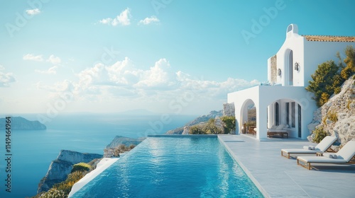 Traditional mediterranean white house with pool on hill with stunning sea view. Summer vacation background. extra wide photo