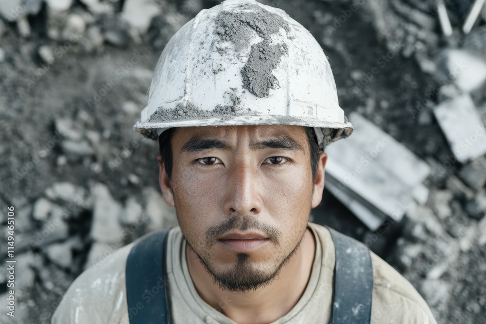 建設現場で働く男性の真剣な表情と周囲の環境 建設現場で働く男性の真剣な表情と周囲の環境