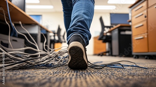 Walking Over Messy Office Cables and Wires Chaos