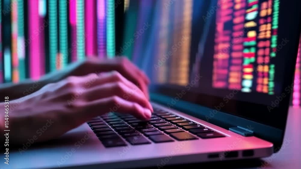 This image showcases a person focused on typing on a laptop. The colorful data visualization in the background enhances the digital atmosphere. Ideal for tech themes. Generative AI