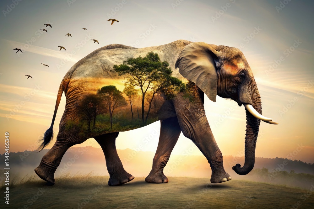 Fototapeta premium Double Exposure Elephant Silhouette: One Line Drawing, Hand Drawn Art, Wildlife Photography