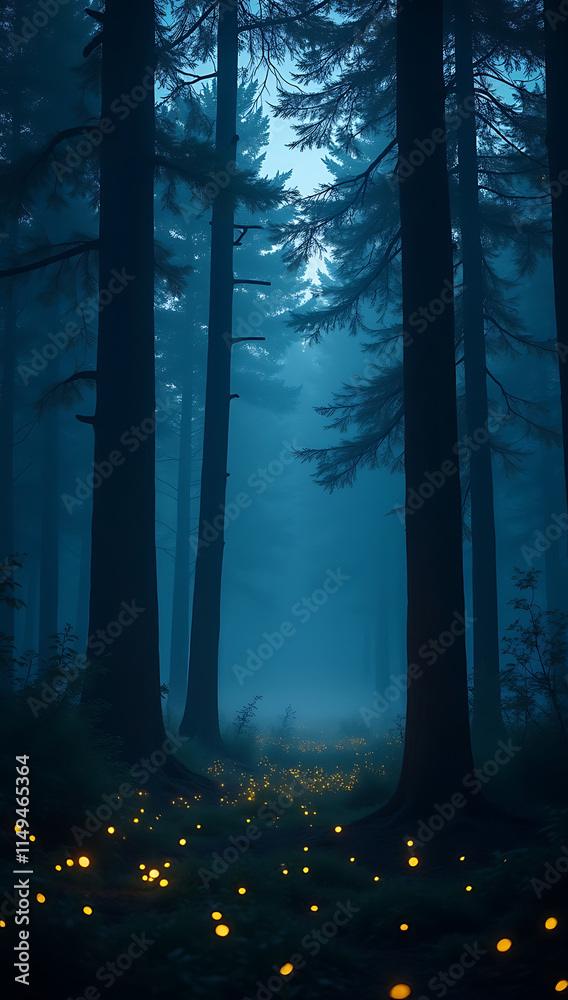 Obraz premium A dark forest at midnight with towering silhouettes of trees, a faint mist rolling across the ground, and glowing fireflies scattered throughout, creating a mysterious and enchanting HD phone wallpape
