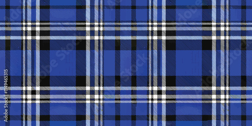 A vibrant blue tartan pattern featuring intersecting white and black lines, perfect for fashion and textile designs.
