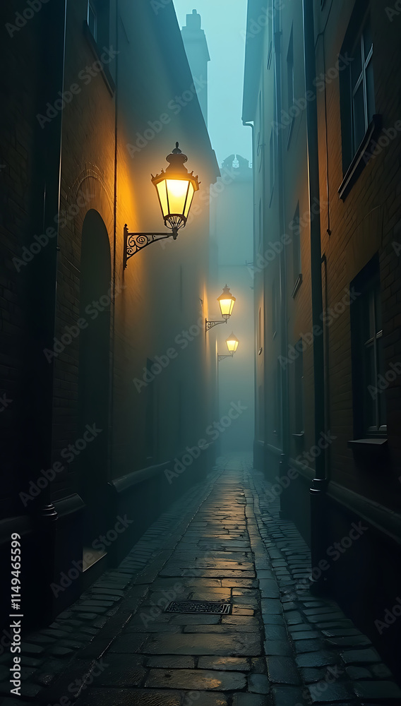 Fototapeta premium A dark, foggy alley illuminated by old street lamps casting soft yellow glows, with wet cobblestones reflecting the light and a feeling of solitude, perfect for an atmospheric HD phone wallpaper 