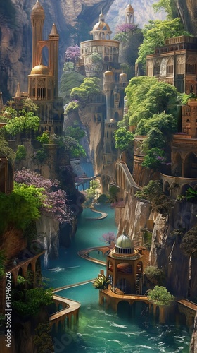 A breathtaking fantastical landscape featuring a serene waterway winding through lush greenery and intricate architecture. Towering cliffs adorned with vibrant trees and blooming flowers flank the riv photo