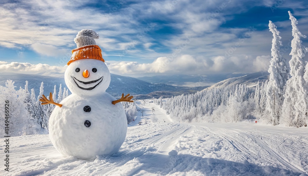 Obraz premium Happy Snowman on Snowy Mountain Winter Landscape