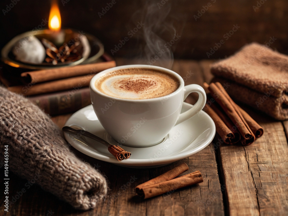 Cappuccino Cup with Cinnamon and Books in a Rustic Setting Cappuccino Cup with Cinnamon and Books in a Rustic Setting