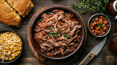 Juicy pulled pork with a smoky barbecue sauce, served on a rustic wooden board with pickles and coleslaw, warm cozy vibe
