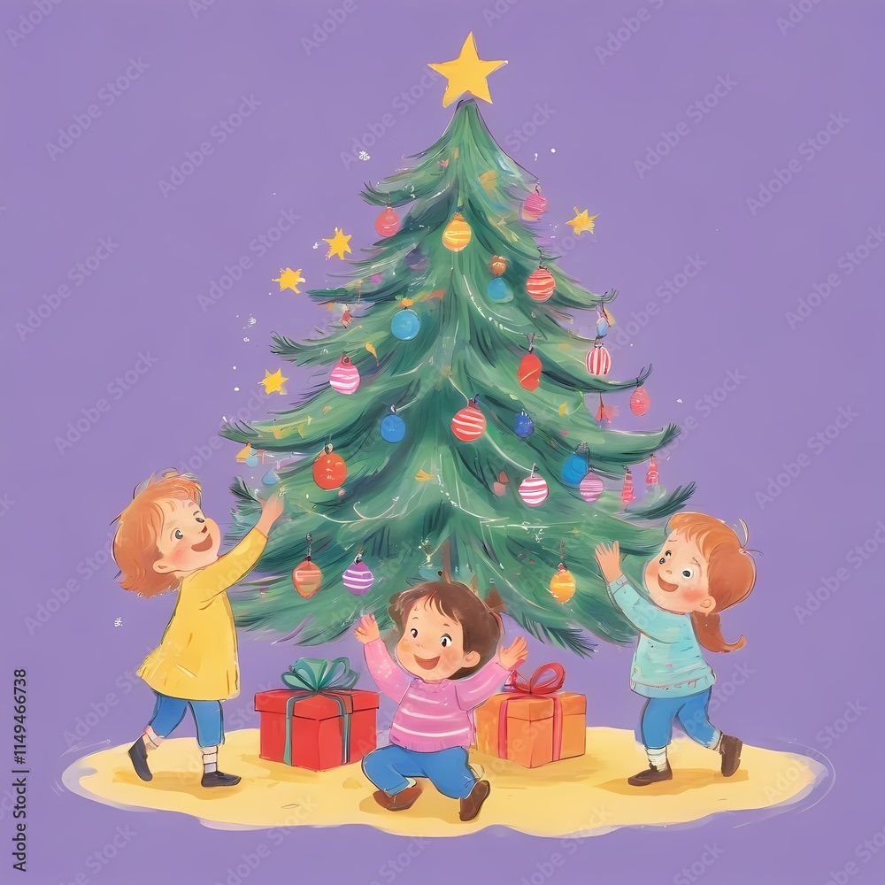 Fototapeta premium Title: Joyful Children Adorning Christmas Tree with Gifts and Decorations