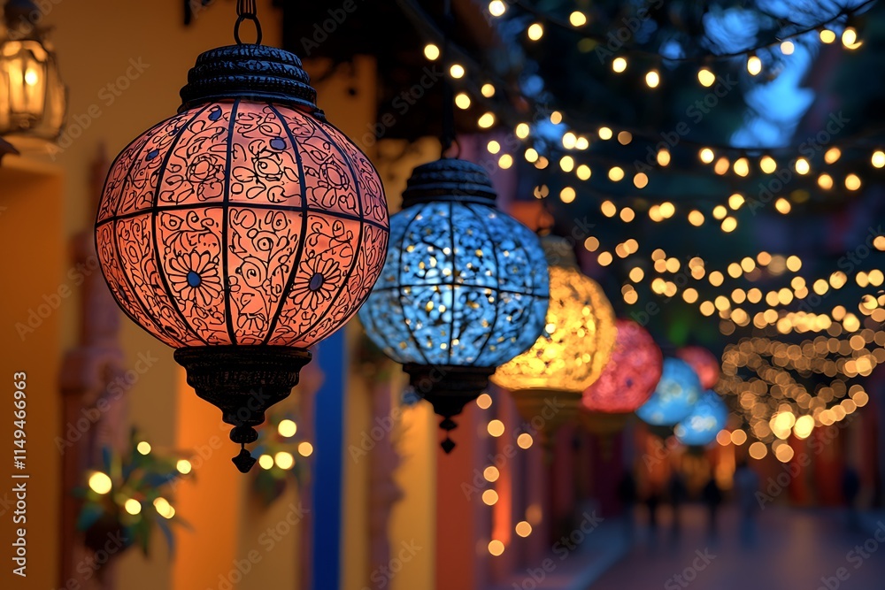 Obraz premium Illuminated Moroccan-Style Lanterns Hanging in a Festive Street Setting at Night.