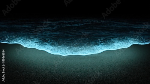 Glowing blue waves gently lapping on dark beach at night.