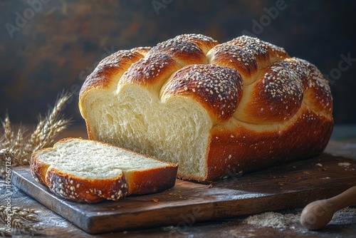 Freshly baked homemade challah bread loaf with a slice on wooden board photo