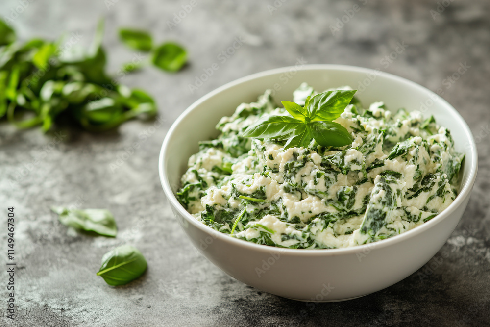 Spinach ricotta pasta in a white bowl, garnished with fresh herbs, rustic Mediterranean feel, soft natural light