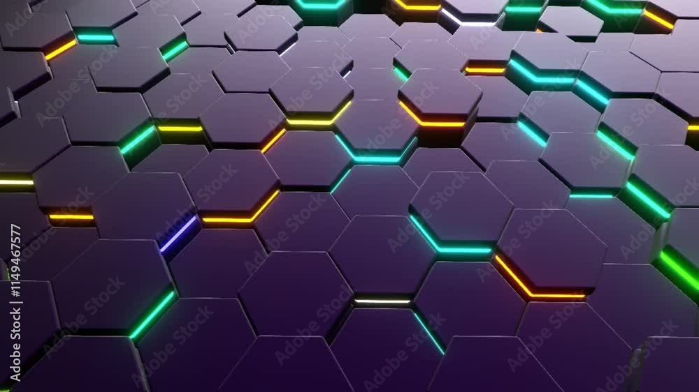 10 seconds 8K video animation hexagon hexagonal tiles moving up and down with rim lights motion graphics screensaver visualizer no people endless looping real-time seamless technology
