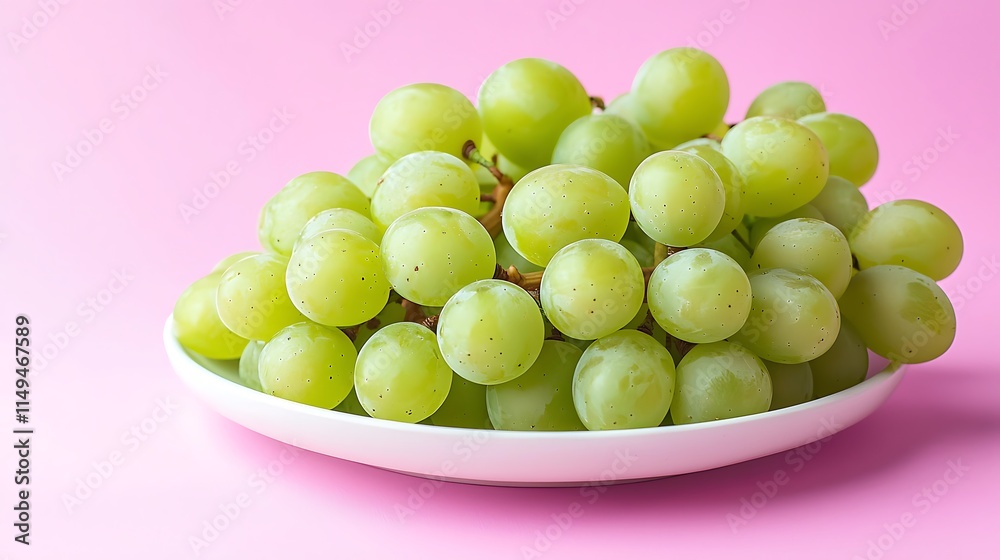 Fresh green grapes on a white plate against a pink background. Fresh green grapes on a white plate against a pink background.
