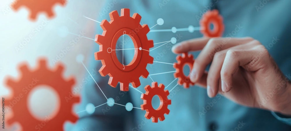 Hand Interacting with Red Gears in a Technology Concept Design